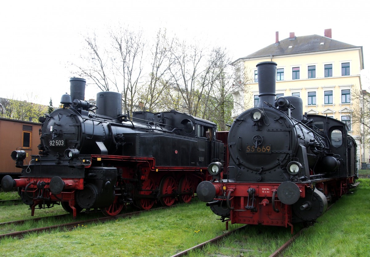 55 669 und 92 503 sind beim 7. Dresdner Dampfloktreffen im Bw Dresden Altstadt ausgestellt am 17.04.2015.