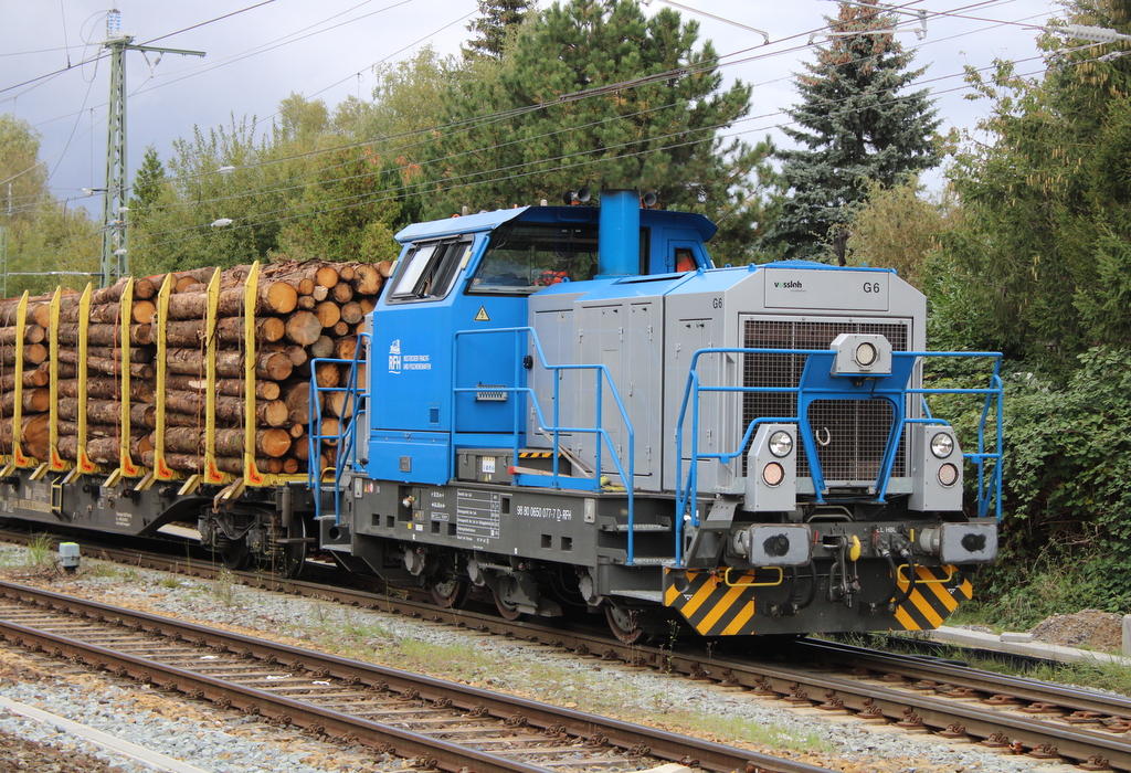 650 077-7 mit Holzzug(WRB-LNOE)bei der Bereitstellung in Rostock-Bramow.03.10.2024