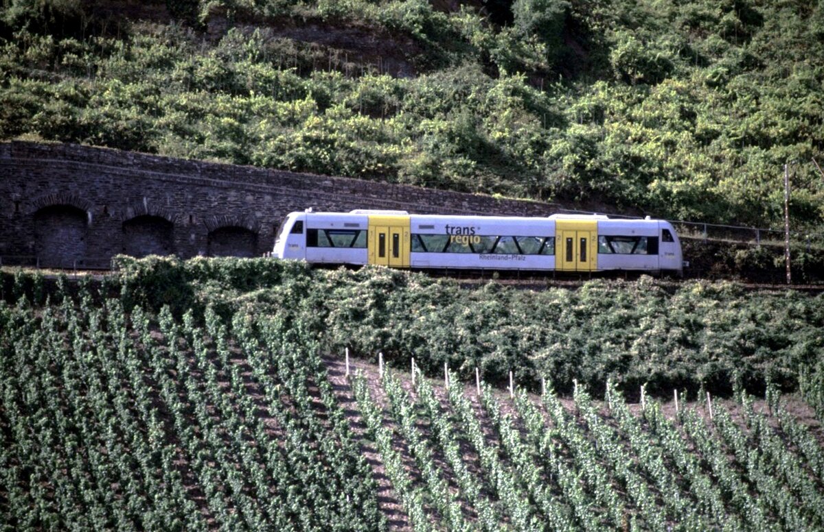 650 VT 002 der Transregio Rheinland-Pfalz auf dem Lehnviadukt an der Mosel bei P�nderich am 15.08.2002.