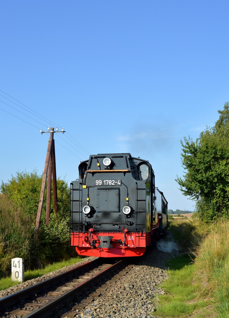 99 1782-4 biegt auf die Gerade zum Hp.Seelvitz mit P 101 am 06.08.2015 ein