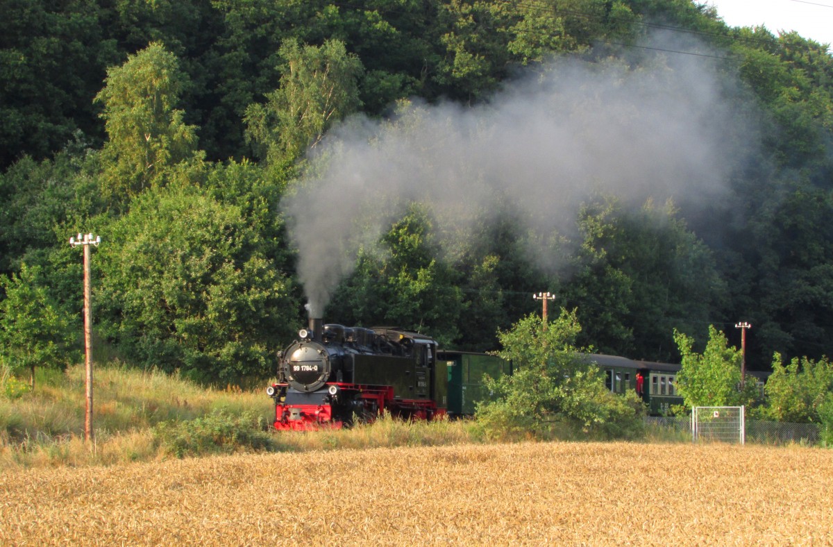 99 1784-0 donnert bei tiefstehender Abendsonne mit P 110 die Steigung vor Seelvitz hinauf.