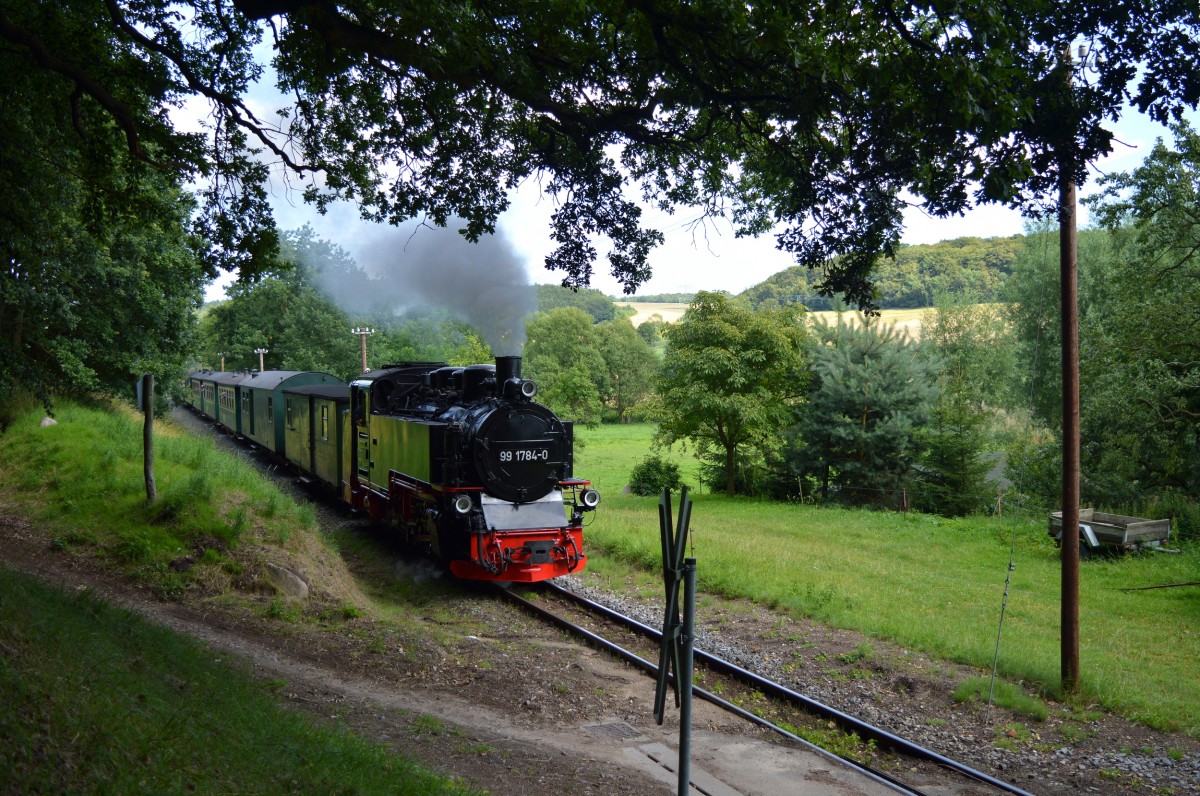 99 1784-0 erklimmt mit P 106 die Steigung vor Seelvitz am 05.08.2015