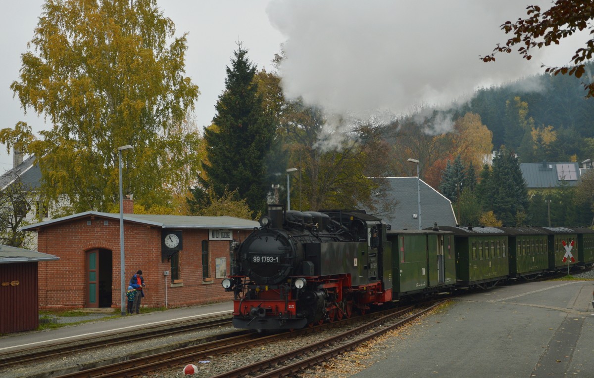 99 1793-1 bei der Einfahrt in Neudorf mit dem DR-Zug am 25.10.2015