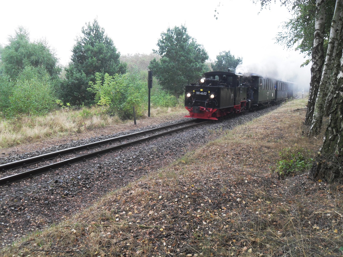 99 4652 am 01.10.2016 mit ihrem Zug zwischen Hettstedt Eduardschacht und Hettstedt Kupferkammerhtte.