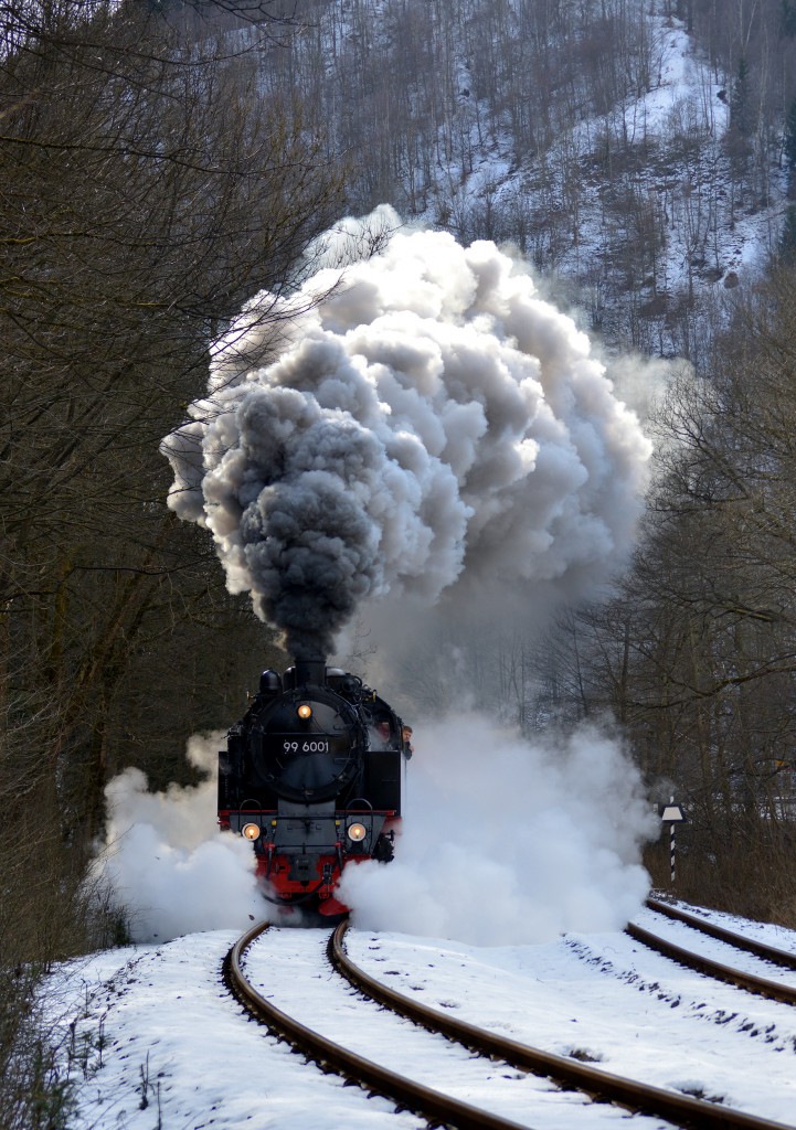 99 6001 bei der Ausfahrt mit N 8964 aus Eisfelder Talmühle am 03.04.2015 (2)