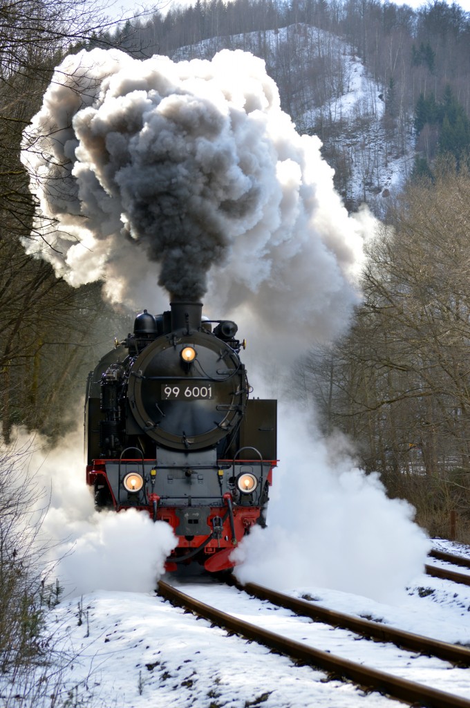 99 6001 bei der Ausfahrt mit N 8964 aus Eisfelder Talmühle am 03.04.2015 (3)