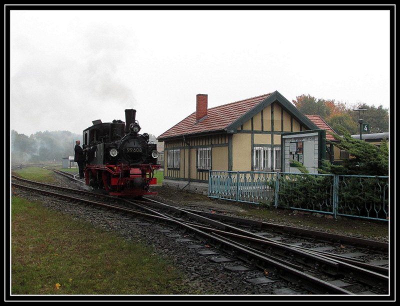 99 608 bei der Fahrt �ber den Bahnhof Putbus am 13.Okt.2013