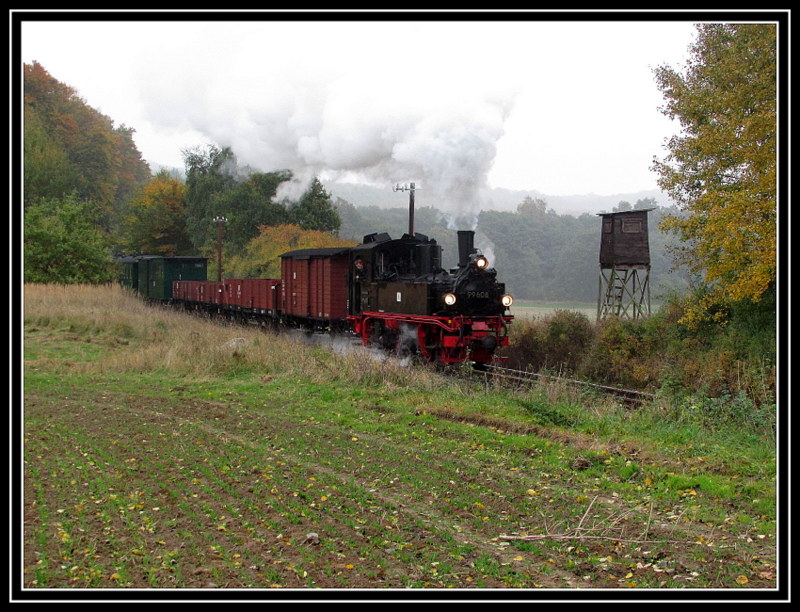 99 608 bei einer Scheinanfahrt am Hochsitzmotiv kurz vor Garftitz am 13.Okt.2013