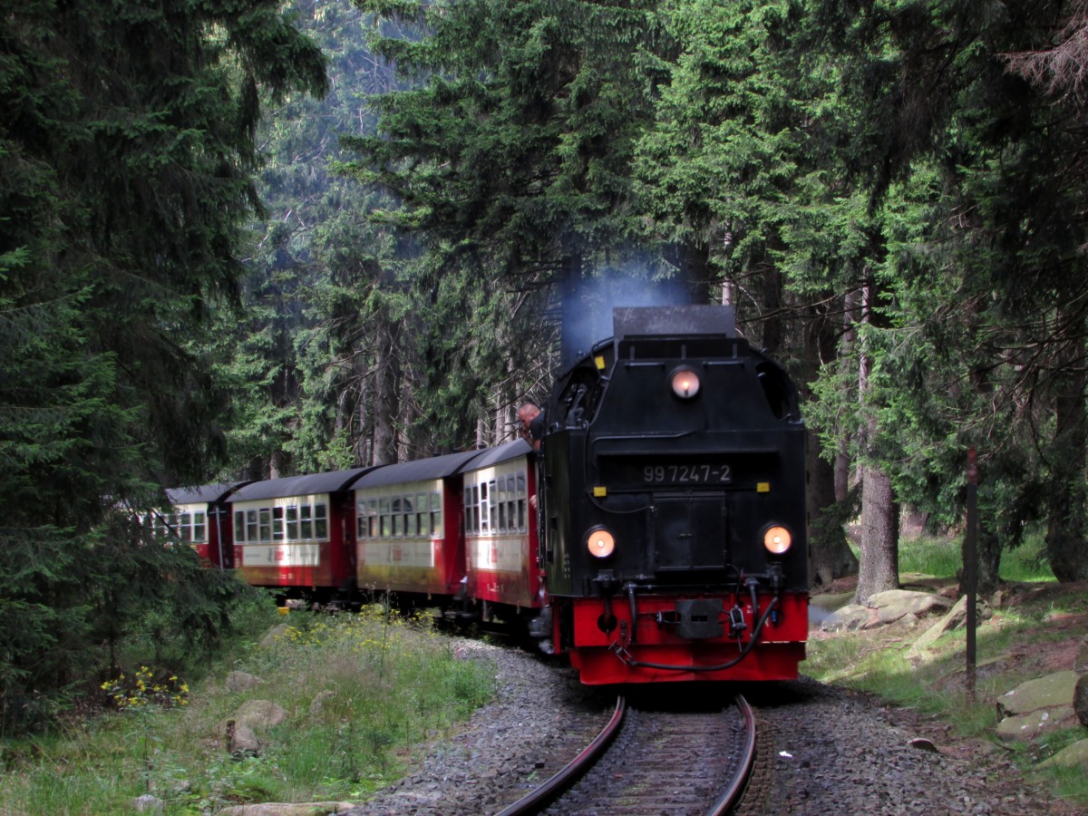 99 7247-2 rollt mit P 8930 hinter Schierke am 13.08.2014 Bergab