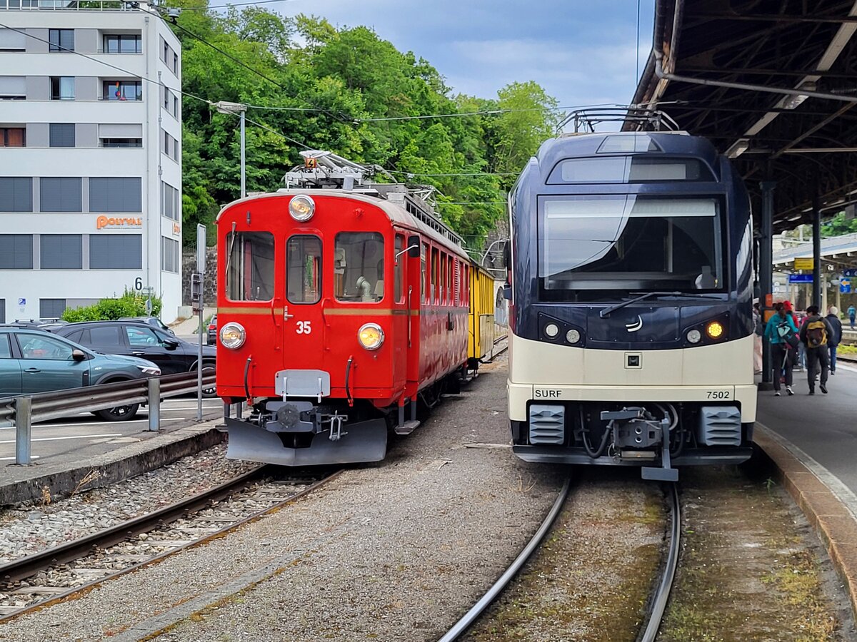 Alt und neu in Vevey: Links der RhB ABe 4/4 35 der Blonay Chamby Bahn und rechts der CEV MVR ABeh 2/6 7502, der gerade von Les Pleiades in Vevey angekommen ist.
25. Mai 2025