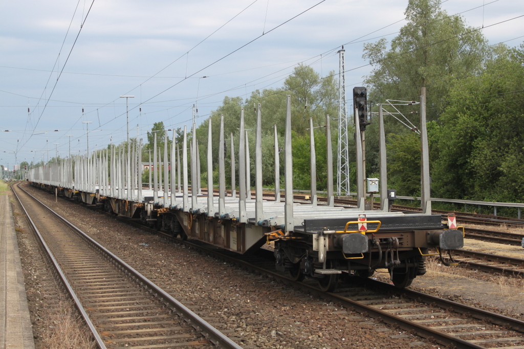 Am 10.06.2019 stand der Holz-Leerzug von Stendal-Niedergröne nach Rostock-Bramow in Rostock-Bramow.