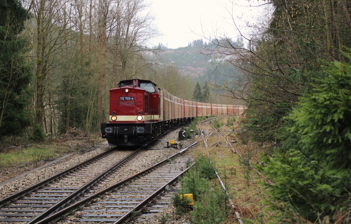 Am 20.02.16 fuhr 112 703-4(Press) mit einem Hackschnitzelzug ab Ebersdorf-Friesau Richtung Saalfeld. Hier zu sehen am ehem. Granit-Steinbruch Neumühle.