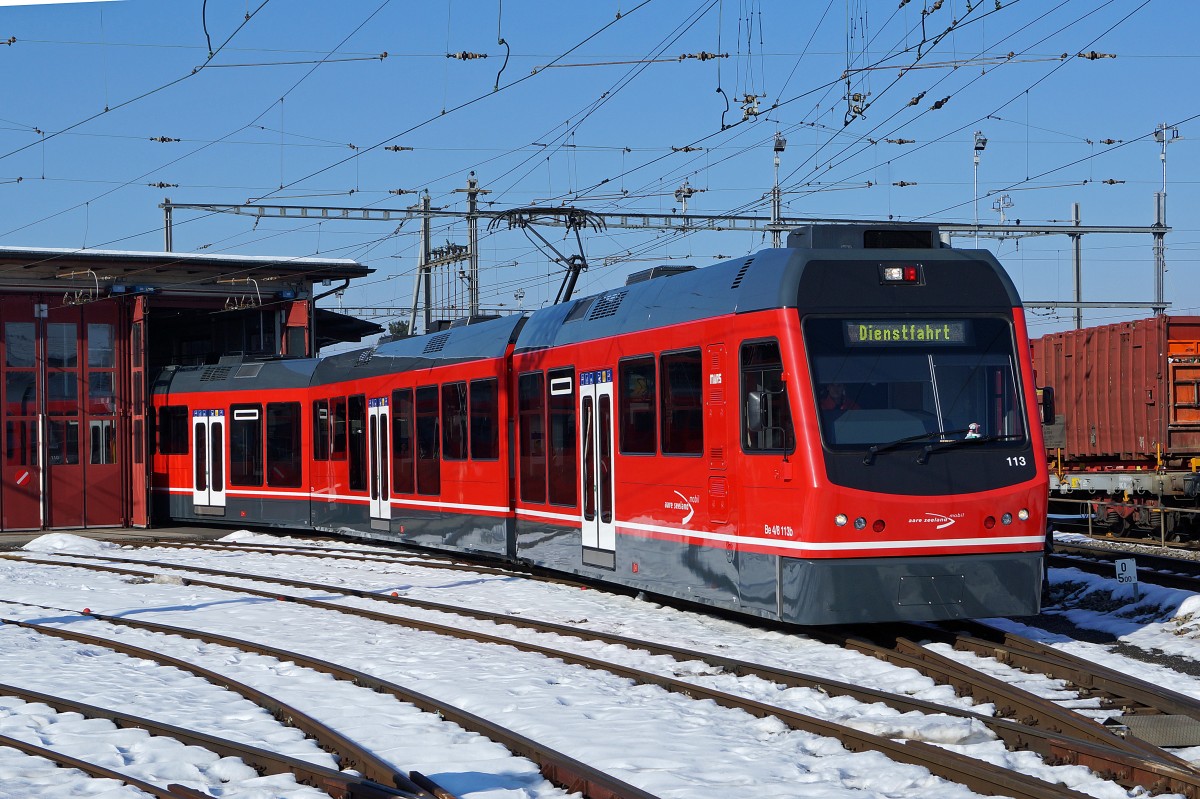 ASm: Be 4/8 113  STAR  auf Dienstfahrt beim ASm-Depot Langenthal am 11. Februar 2015.
Foto: Walter Ruetsch 