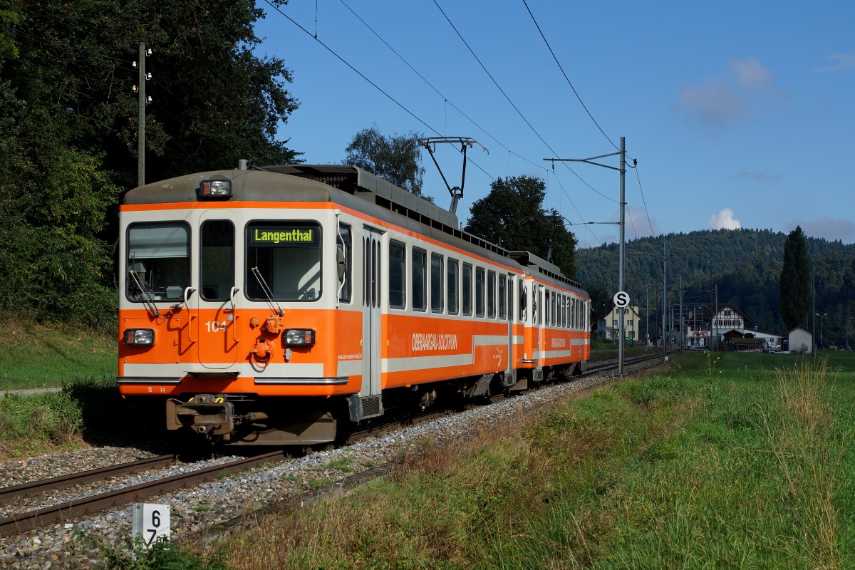 ASm: Eiserne Reserve bestehend aus den Be 4/4 104 und Be 4/4 103 (ehemals BTI/SZB) bei St. Urban Ziegelei am 24. September 2015 auf der Fahrt nach Langenthal.
Foto: Walter Ruetsch