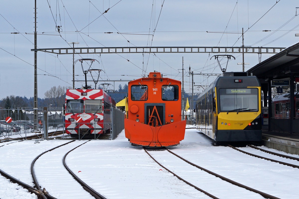 ASm: Zusammentreffen von Be 4/4 14 (ex FW), Tm 2/2 141 mit Schneepflung und Be 4/8 114  STAR  in Langenthal am 28. Januar 2015.
Foto: Walter Ruetsch