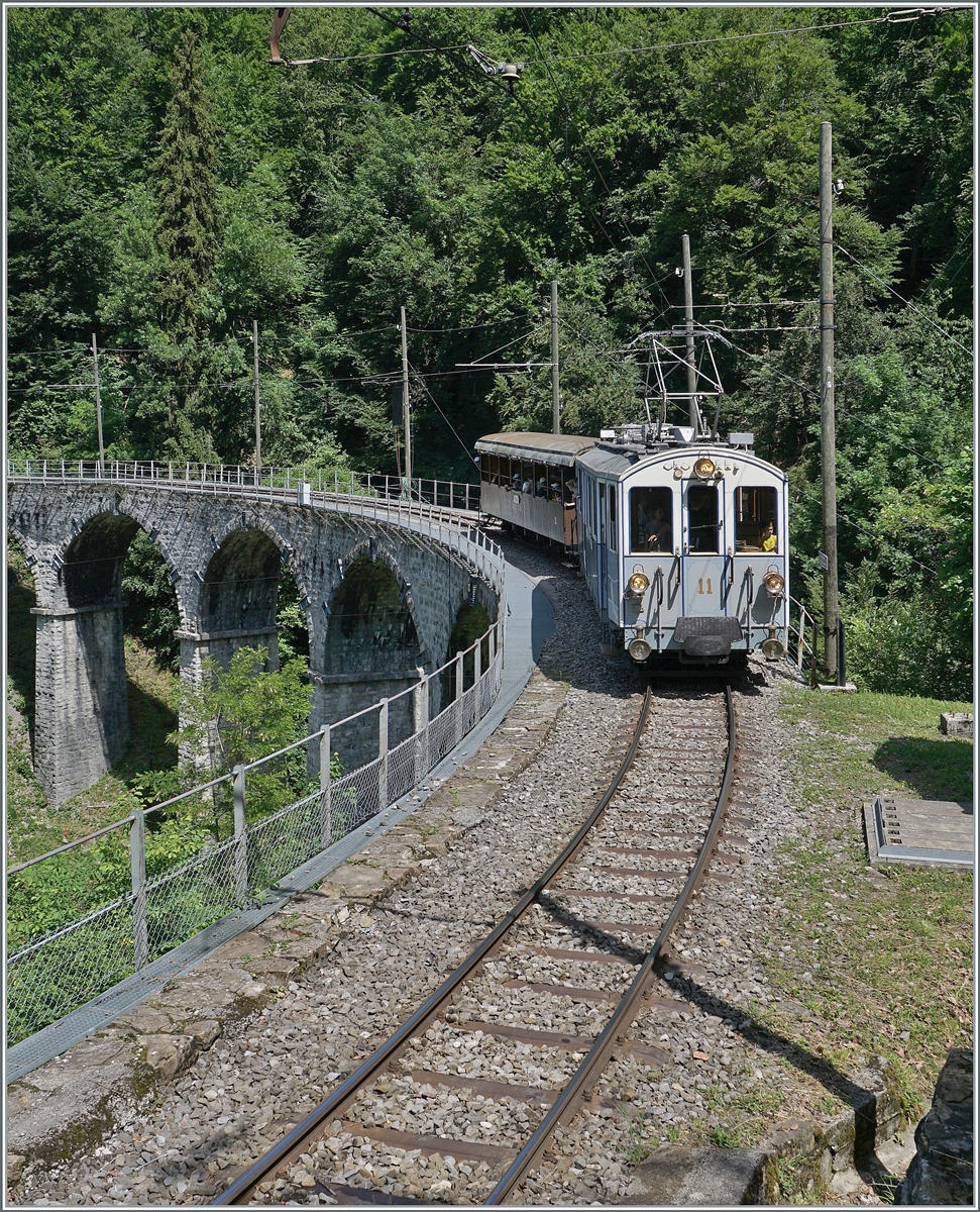 Auch der Besitzer der Strecke der Blonay-Chamby Bahn, die MOB, war den Winter über nicht untätig: bei Cornaux wurden etliche hundert Meter Gleis erneuert, bei Chantemerle bereits Schienen zum gleiche Zweck abgeladen und besonders hervorzuheben: Die Reparatur des Baye de Clarens Viadukts hat endlich begonnen; das Viadukt in nun eingerüstet. Somit muss man in der Saison 2023 auf Bilder dieser Art verzichten: 

Der MOB BCFe 4/4 11 ist mit einem Personenwagen bei Vers chez Robert auf der Fahrt nach 
Chaulin.

4. Juni 2022

