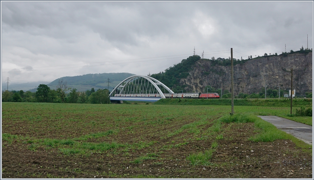 Auf dem (langen) Weg zur Rohne Brücke von Massongex überraschte mit dieser Doppelstock IR 90 au der Fahrt nach Brig. Die IR 90 verkehren in grosser Mehrheit mit EW IV, nur ein oder zwei Umläufe sind z.Z. mit IC2000 Wagen bestückt.

14. Mai 2020