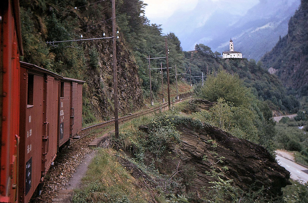 Auf der einstigen RhB-Strecke Bellinzona-Mesocco, 14.September 1970: Hinter dem Triebwagen folgen die Güterwagen mit den Kühen drin. 