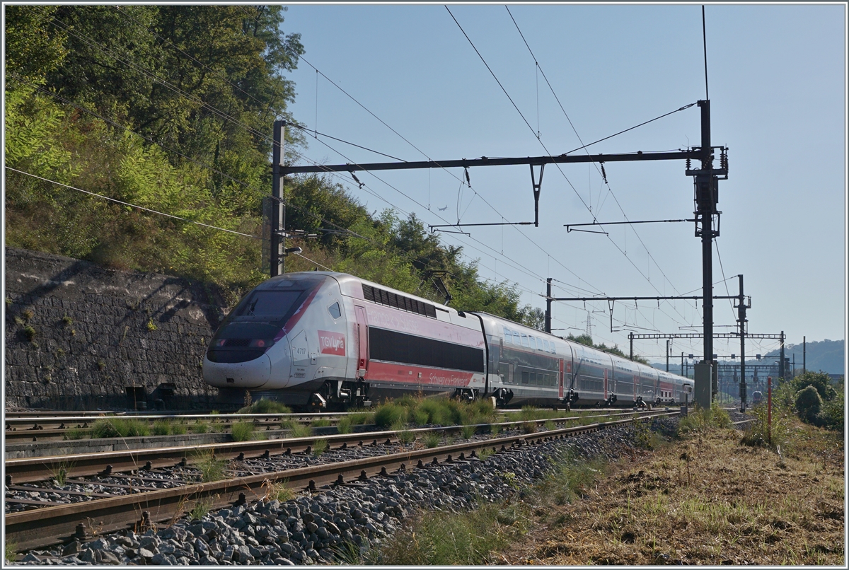 Auf einer Karte habe ich entdeckt, dass es von La Plaine (Schweiz) nach Pougny-Chancy (Frankreich) einen sch�nen Weg gibt, der zum gr�sstenteils der Bahnlinie folgt und dies erst noch aufder lichttechnisch bevorzugten s�dlichen Seite. Und so machte ich mich auf, von La Plaine nach Pougny: Schon in La Plaine entdeckte ich ein interessantes Detail: Die SBB-Wechselstromfahrtleitungsanlage f�r 25000 Volt, 50 Hertz, welche hier noch die alten SNCF Gleichstrommaste nutzt. Zu sehen ist auch der Lyria TGV 9761 von Paris Gare de Lyon nach Lausanne bestehend aus dem Rame 4717.

6. Sept. 2021 