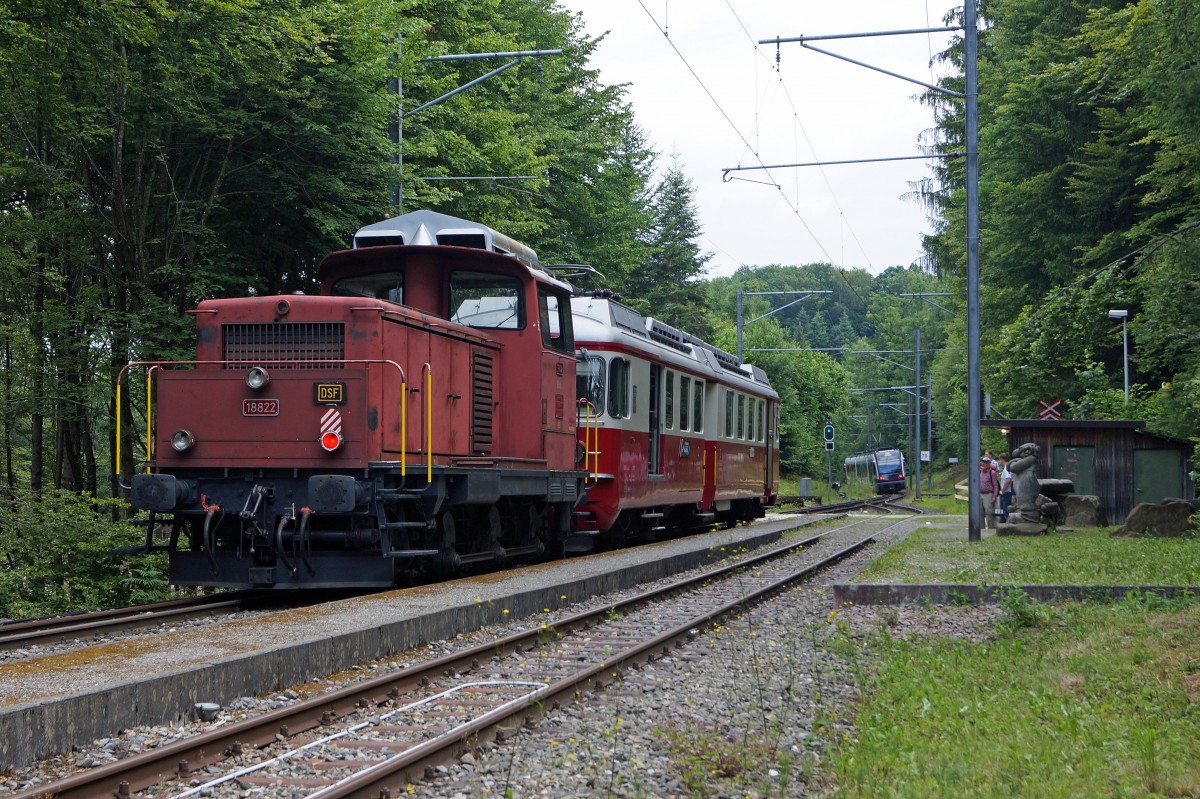 BDWM/DVZO/DBB/DSF: Ueber das Wochenende vom 26. bis 28. Juni 2015 verabschiedete sich die BDWM nach 140 Jahren vom Anschluss an das Europäische Normalspurnetz, weil durch die Aufhebung des Güterverkehrs auf normaler und schmaler Spur das Dreischienengeleise zwischen Wohlen und Bremgarten West nutzlos geworden ist. Mit dem WESCHTFÄSCHT und vielen Sonderfahrten nahmen Schüler und eine grosse Anzahl Festbesucher Abschied vom Dreischienengeleise auf diesem reizenden Streckenabschnitt. DSF Normalspur-Sonderzug bestehend aus dem BDe 4/4 2, ehemals WM und der Em 3/3 18822, ehemals SBB auf der Kreuzungsstation Ermannlistein am 27. Juni 2015.
Foto: Walter Ruetsch 