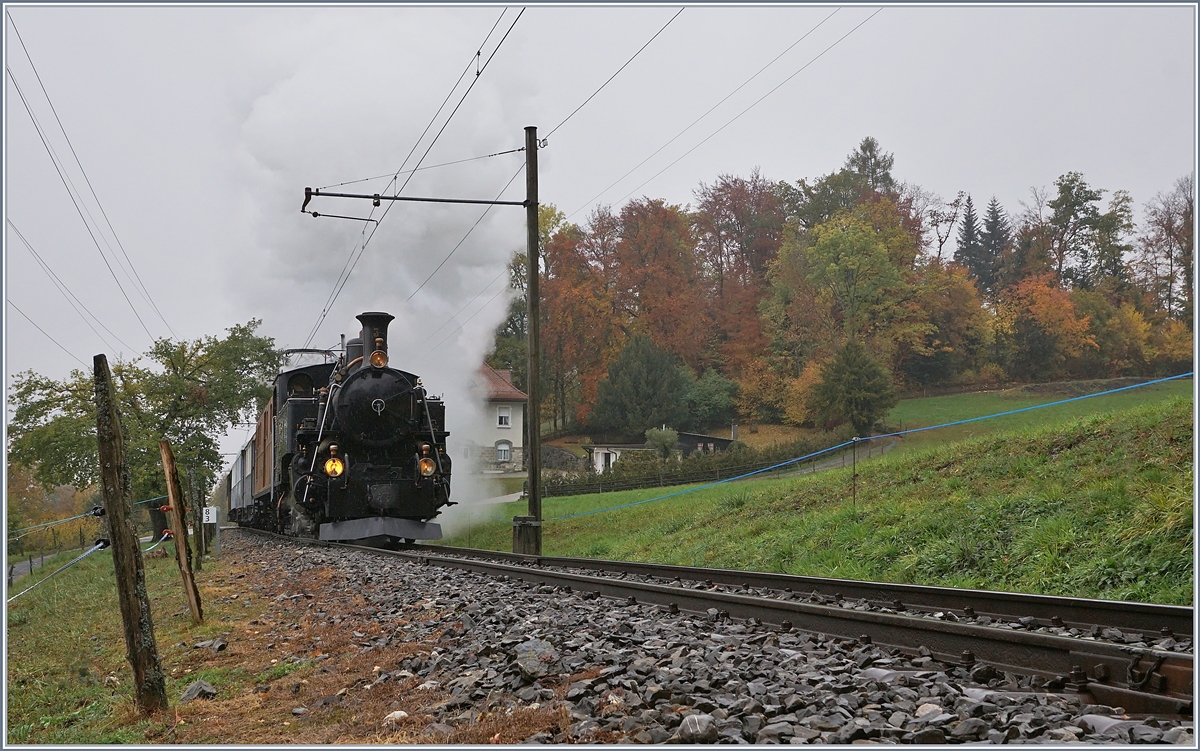 Bei diesigem Wetter dampft die BFD HG 3/4 N° 3 der Blonay-Chamby Bahn bei Chaulin in Richtung  Chamby.

27.Okt. 2018
