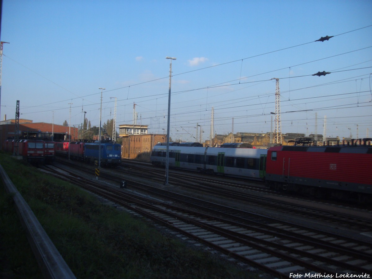 Blick auf die Abgestellten Loks der BR 143, BR 140 der PRESS & BR 155 der MEG in Halle (Saale) am 4.10.14