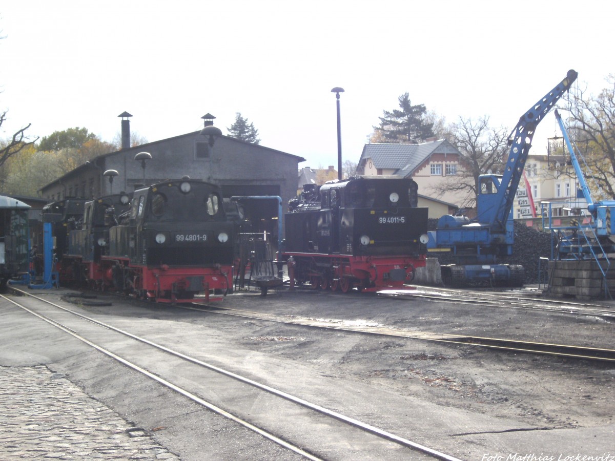 Blick auf die R�BB 99 4011, 99 4801 & 99 4802 im Kleinbahn BW Putbus am 29.10.13