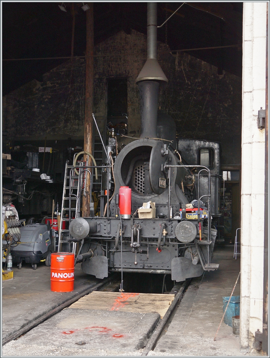 Blick in den kleinen Lokschuppen der CTVJ  Compagnie du Train à Vapeur de la Vallée der Joux mit der E 3/3 8494, die eigentlich am folgenden Tag zum Einsatz hätte kommen sollen, aber infolge der Trockenheit wohl im Dépôt bleichen musste, links davon (aber nicht zu sehen) steht die E 3/3 8523, bzw. einige Einzelteile, die Lok scheint in Revison zu weilen. 

6. Aug 2022
