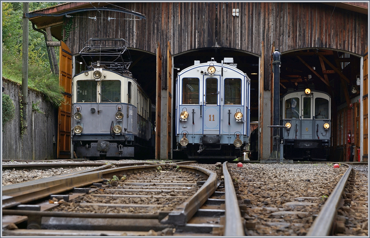 Blonay-Chamby Triebwagen in Chaulin: Der LEB ABFe 2/4 10, der MOB N11 und der MCM N6.
17. Sept. 2017