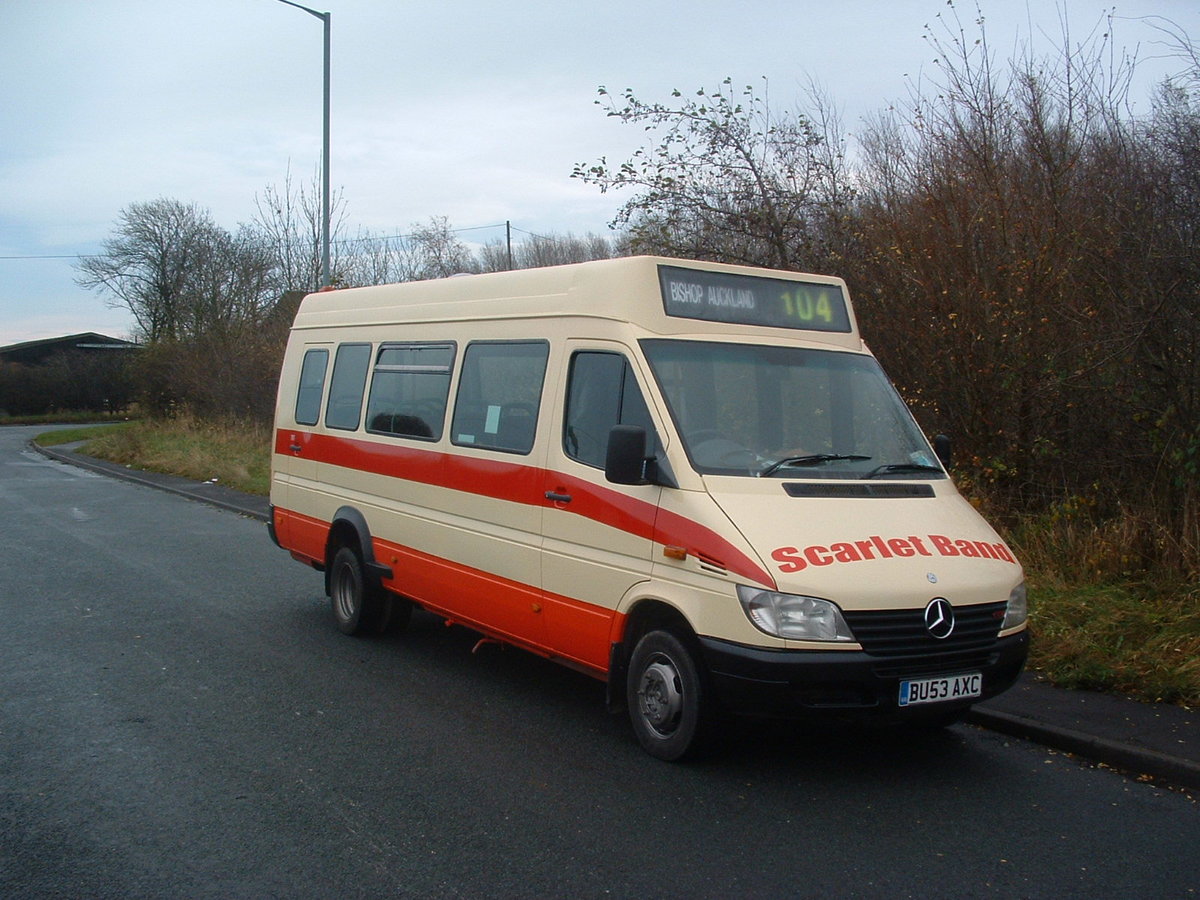 BU53 AXC
2003 Mercedes Benz 411CDi
Koch B16F
Scarlet Band, West Cornforth, County Durham, England.

New to Northumbria Coaches, Northumbria, England.

Photograph taken at Newfield, County Durham, England on 19th November 2012.