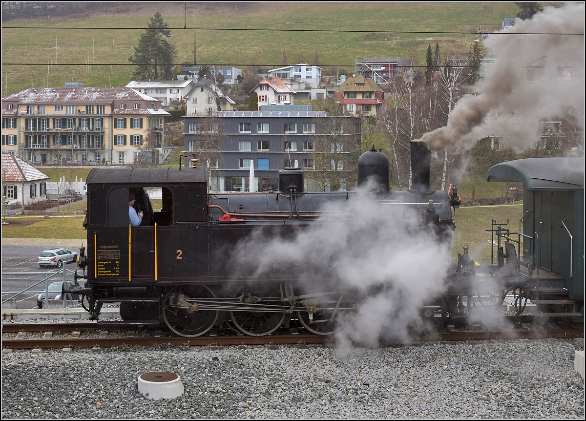 Dampflok Ed 3/4 Nr. 2 der Solothurn-Münster-Bahn in Huttwil. Betreut wird die Lok durch den Verein historische Emmentalbahn. Februar 2018.