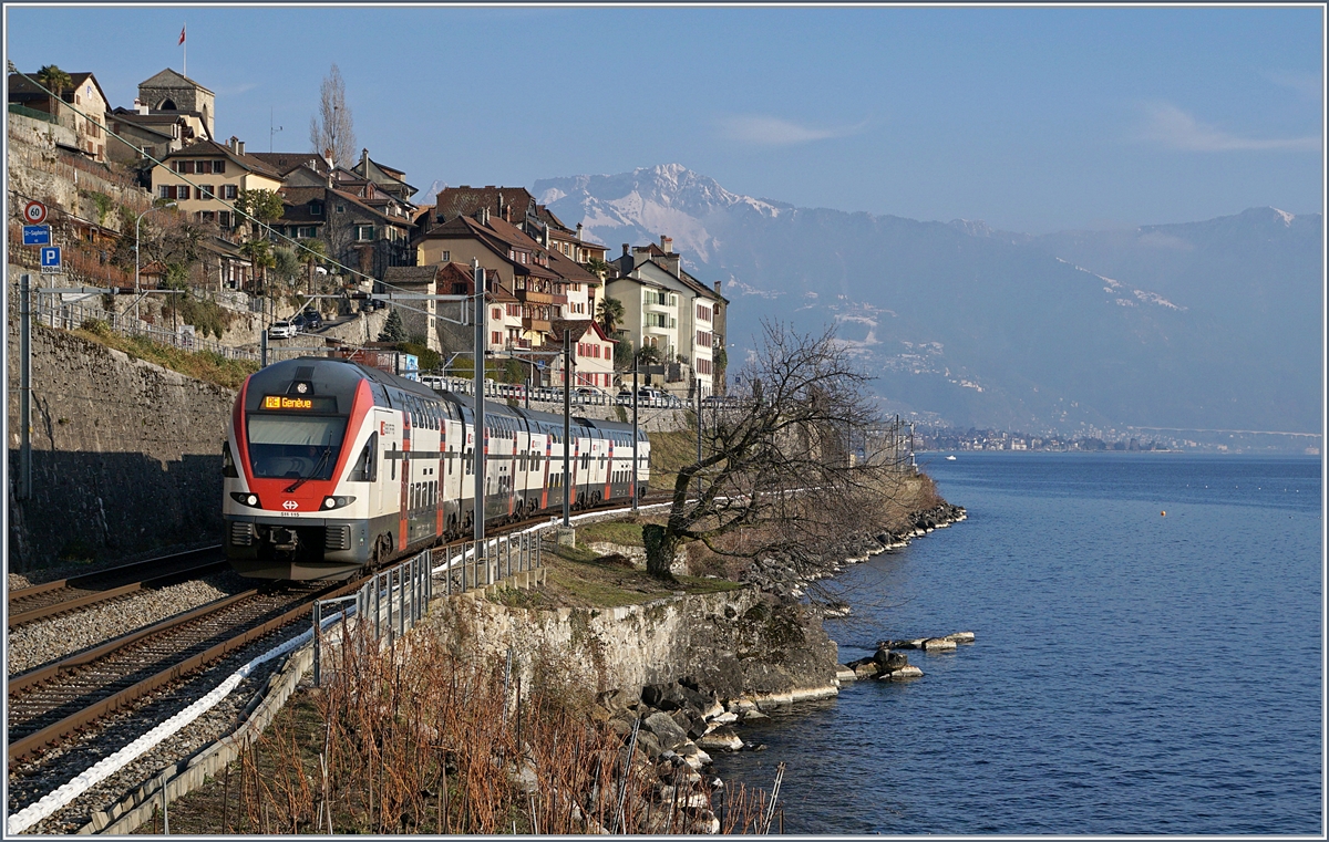 De SBB RABe 511 115 als RE nach Genève bei St-Saphorin.
25. Jan. 2019