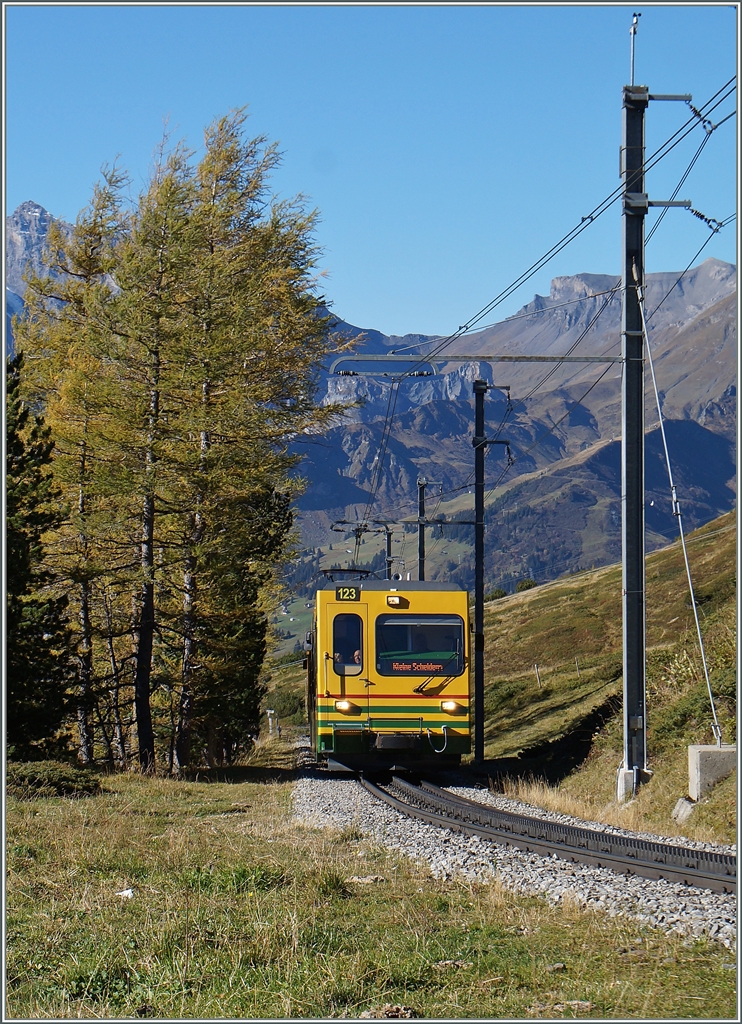 Der etwas kantige Steuerwagen will nicht so ganz in die herrliche Landschaft passen...
Zwischen der Wengeralp und der Kleinen Scheidegg, am 9. Okt. 2014)