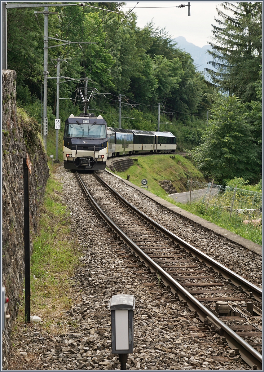 Der Gegenzug mit der Ge 4/4 8004 am Zugsschluss hat den Bahnhof von Chamby verlassen und fàhrt nun in Richtung Montreux.

13. Juni 2020
