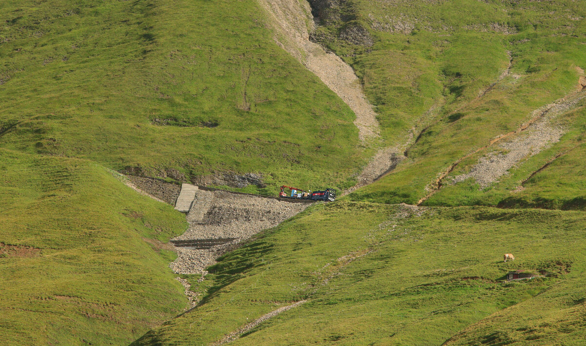 Der Güterzug mit Lok 9 im Aufstieg unterhalb der Rothorn Bergstation. 3.August 2023 