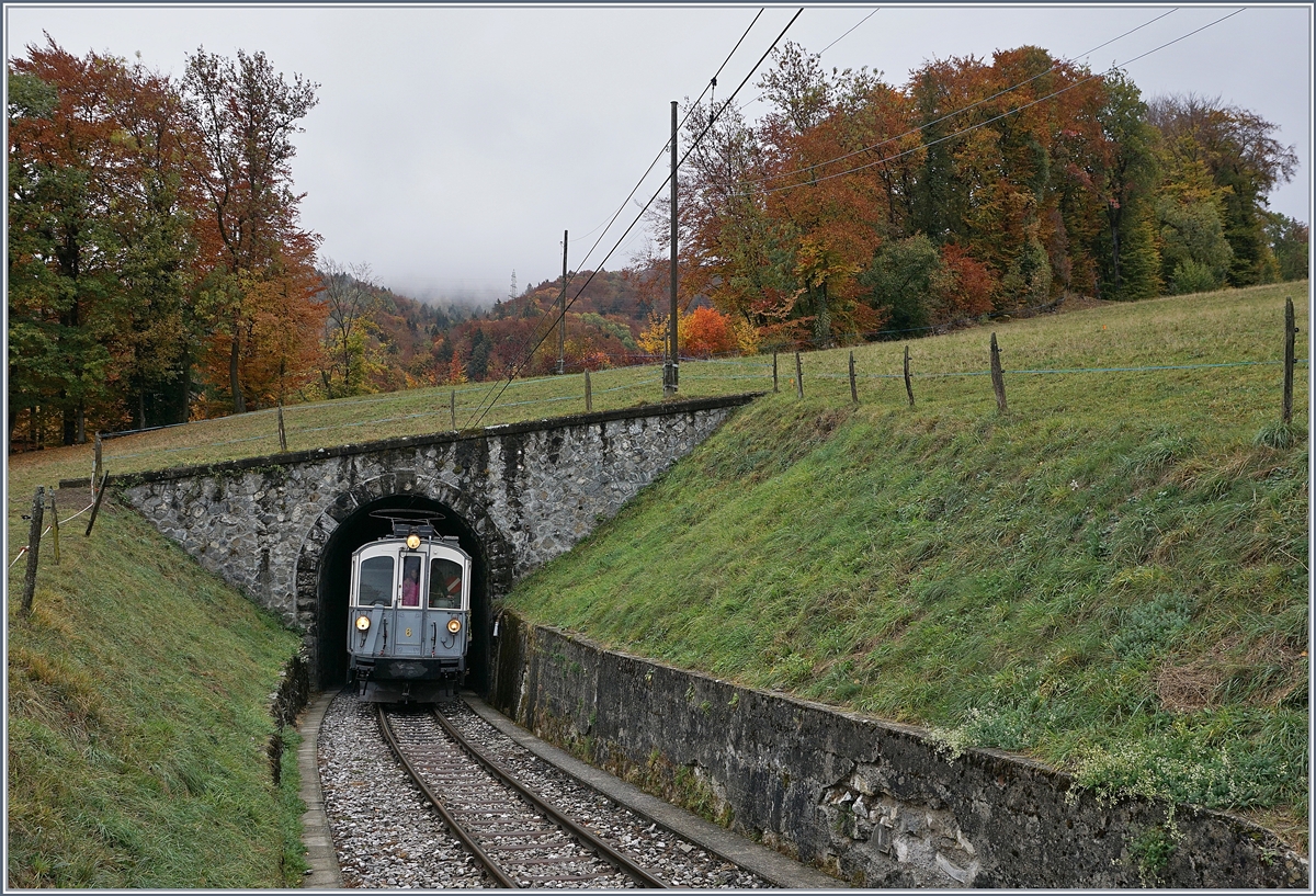 Der MCM Triebwagen der Blonay-Chamby Bahn verlässt den kurzen Tunnel nach der Baie de Clarens Schlucht.

28. Okt. 2018