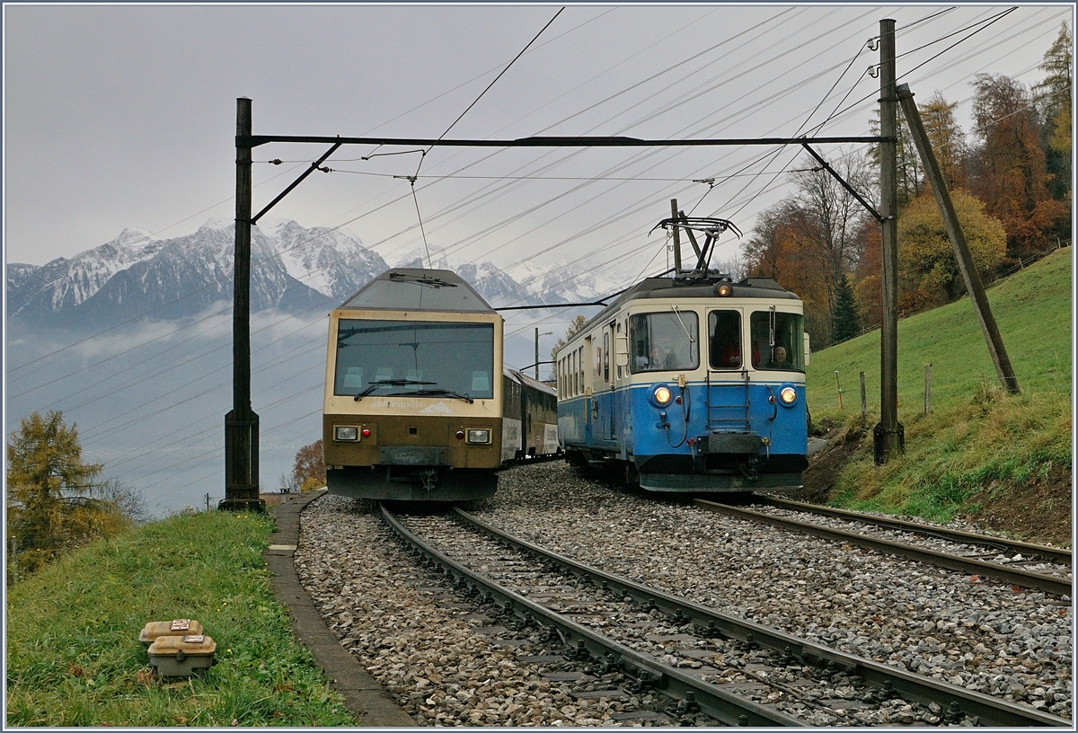 Der MOB ABDe 8/8 4001  Suisse  auf einer Extrafahrt in Sendy-Sollard.
11. Nov. 2017