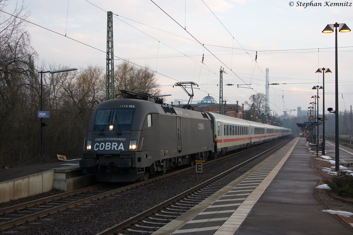 Der ÖBB Taurus 1116 182-7  Einsatzkommando Cobra  mit dem IC 2083  Königssee  von Hamburg-Altona nach Berchtesgaden Hbf in Uelzen. 04.02.2014