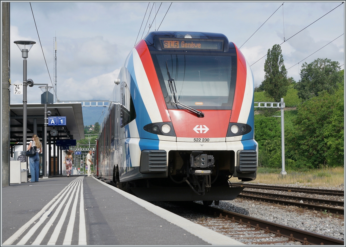 Der SBB LEX RABe 522 230 wartet als Léman Express SL5 in la Plaine auf die Abfahrt nach Genève. Die Léman Express SL 5 stellen in zweifacher Hinsicht eine Besonderheit im internationalen Léman Express Netz dar: Ersten, die SL 5 verkehrt nur in der Schweiz Zweitens, die SL5 verkehrt ausschliesslich unter dem SNCF Stromsystem von 25000 Volt und 50 Hertz. 

28. Juni 2021