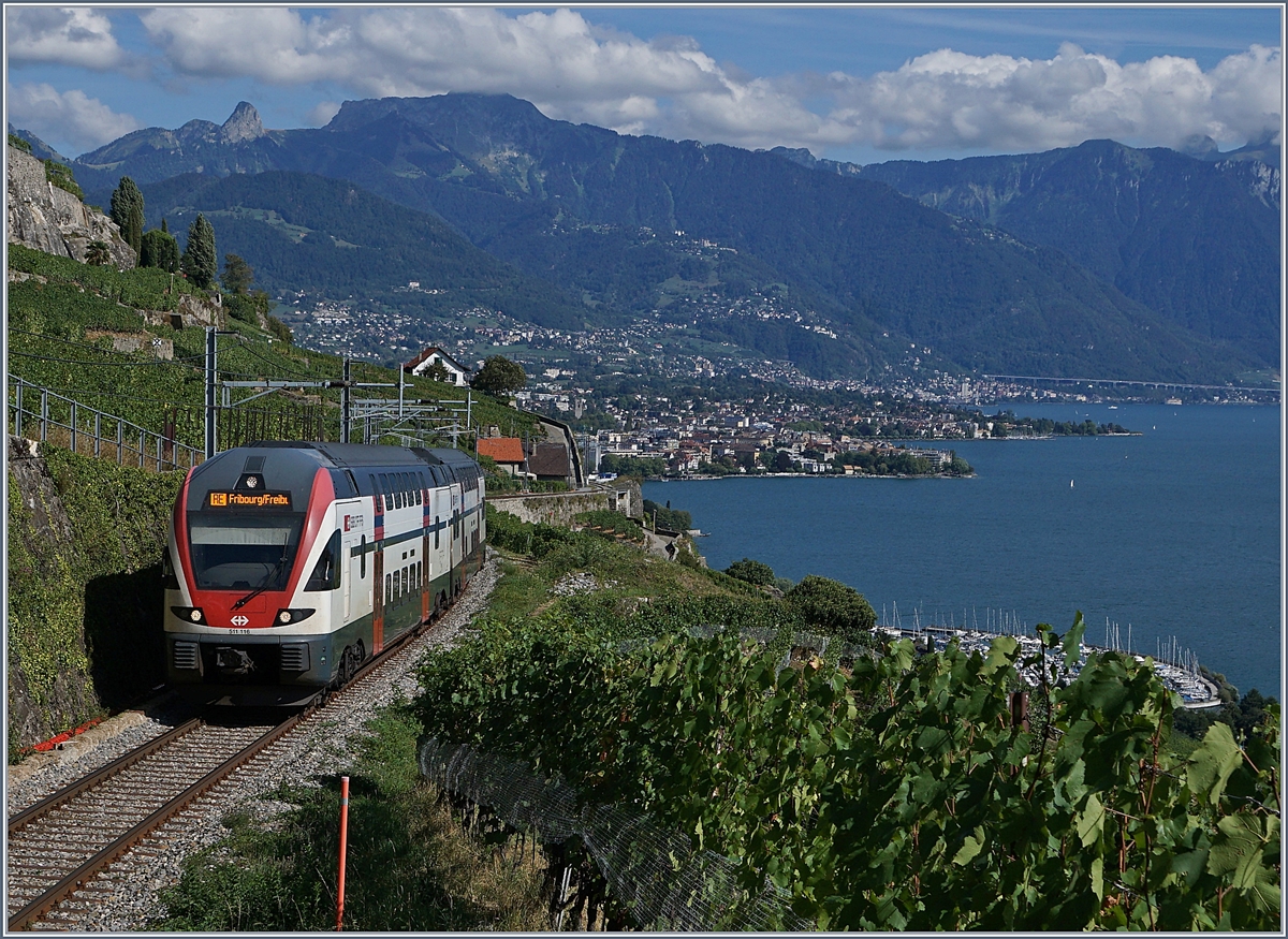 Der SBB RABe 511 029, unterwegs als RE 30227 von Genève nach Fribourg, hat Vevey vor wenigen Minuten verlassen und nun bereits beträchtlich an Höhe gewonnen, als ich ich kurz vor dem Salanfe Tunnel ablichten konnte. Im Hintergrund die Riviera Vaudoise und die Waatländer Alpen mit den Rochers de Naye und Dent de Jaman.
26. August 2018