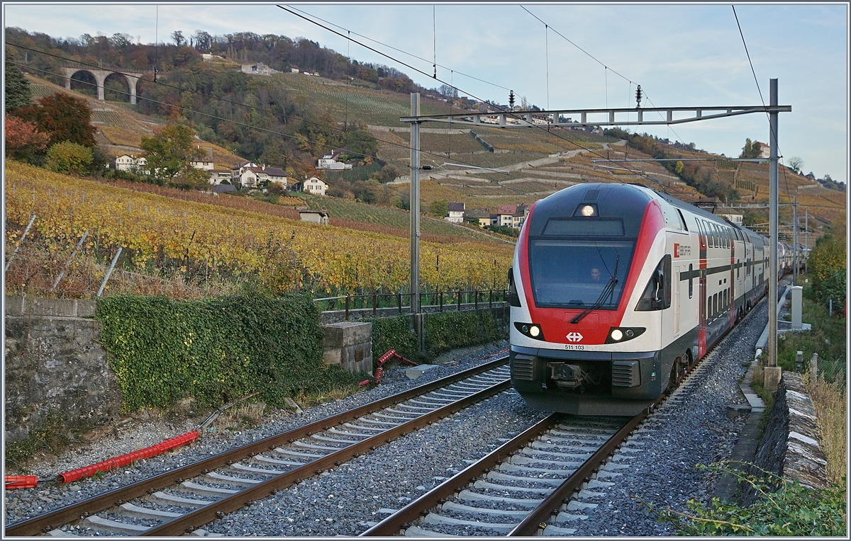 Der SBB RABE 511 103 und ein weitere auf dem Weg nach Genève kurz vor Lutry. 

3. Nov. 2017