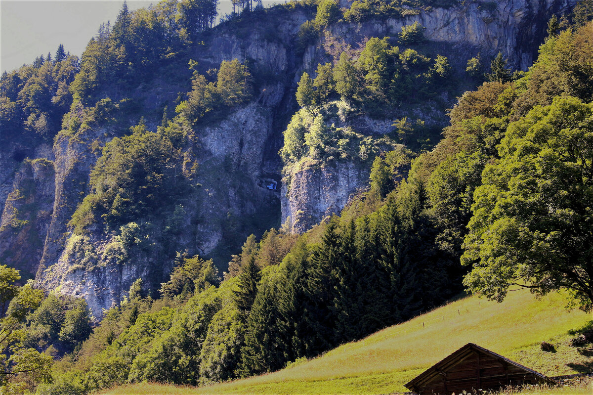 Der Versuch, eine Photo der Lok 6 im Abstieg durch die Planalpfluh-Tunnels zu machen. 17.Juli 2016 