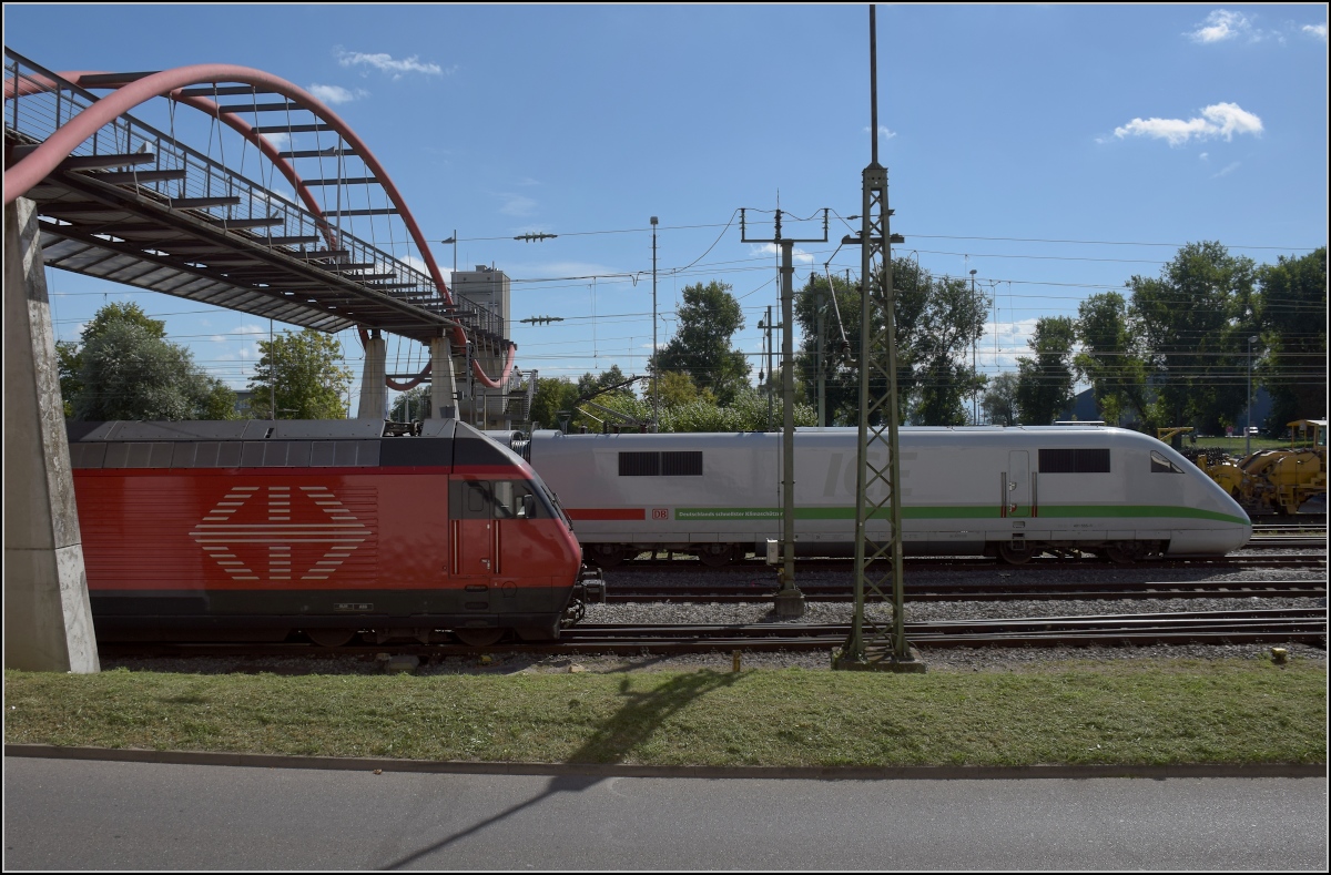 Deutschlands schnellster Klimaschützer zum Fahrgastinformationssystemtest auf Abwegen. Und prompt vom konsequentesten Klimaschützer überholt. Der hintere Triebkopf 401 555-8 vom ICE 1 Rosenheim und Re 460 000-3 Grauholz unter der Bodenseewelle in Konstanz. August 2020.