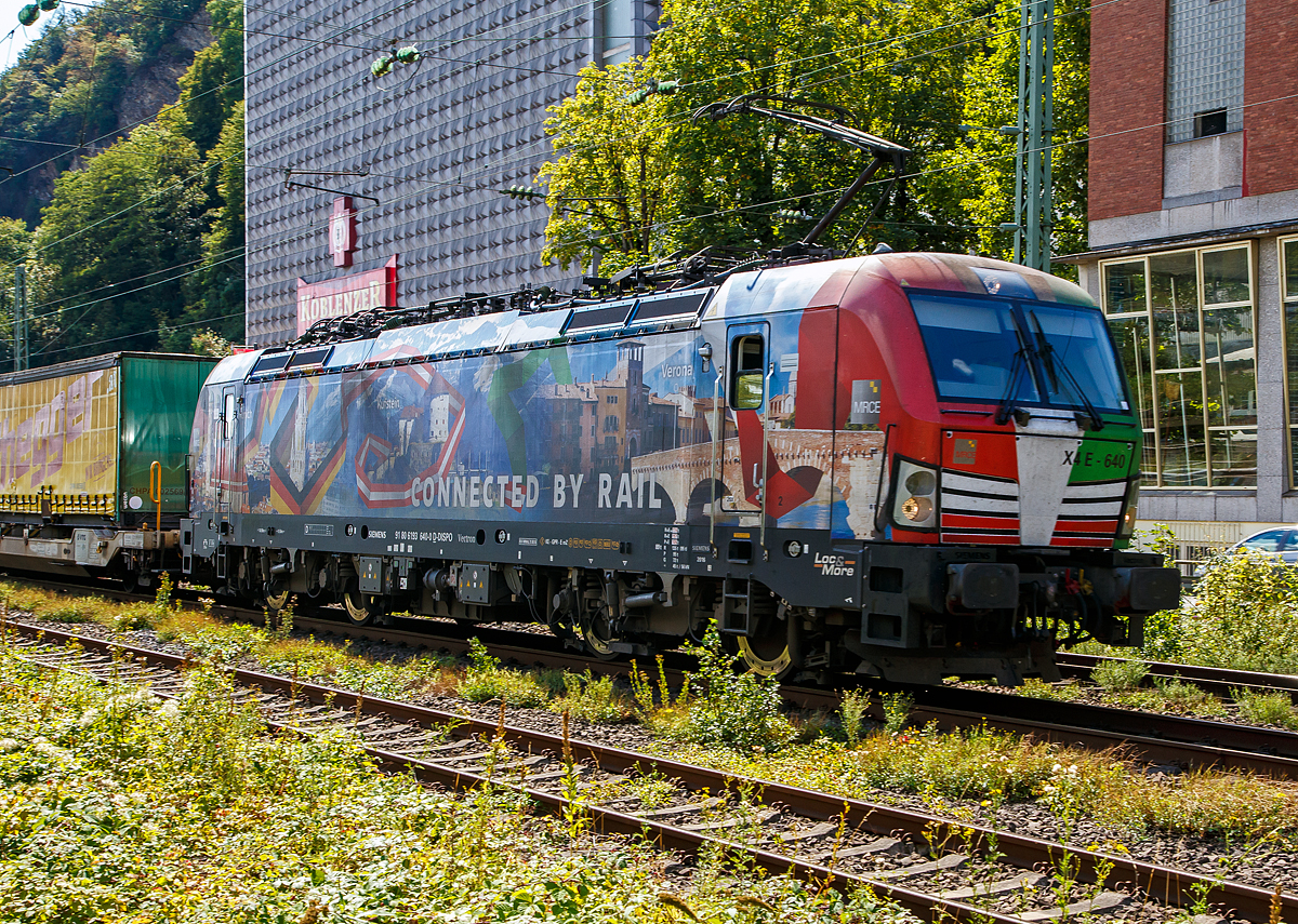 Die an die TX Logistik AG vermietete Siemens Vectron MS X4 E - 640 (mit Werbung -Connected by Rail-) bzw. 193 640 (91 80 6193 640-0 D-DISPO) der MRCE Dispolok GmbH (München) fährt am 02.09.2020, mit einem KLV-Zug, auf der Linken Rheinstrecke durch Koblenz-Oberwerth in Richtung Köln. Im Hintergrund die Koblenzer Brauerei (früher Königsbacher Brauerei).

Die Siemens Vectron MS - 6.4 MW wurde 2016 von Siemens in München-Allach unter der Fabriknummer 22164 gebaut. Sie hat die Zulassungen für Deutschland, Österreich und Italien , sie hat eine Höchstgeschwindigkeit von 160 km/h.