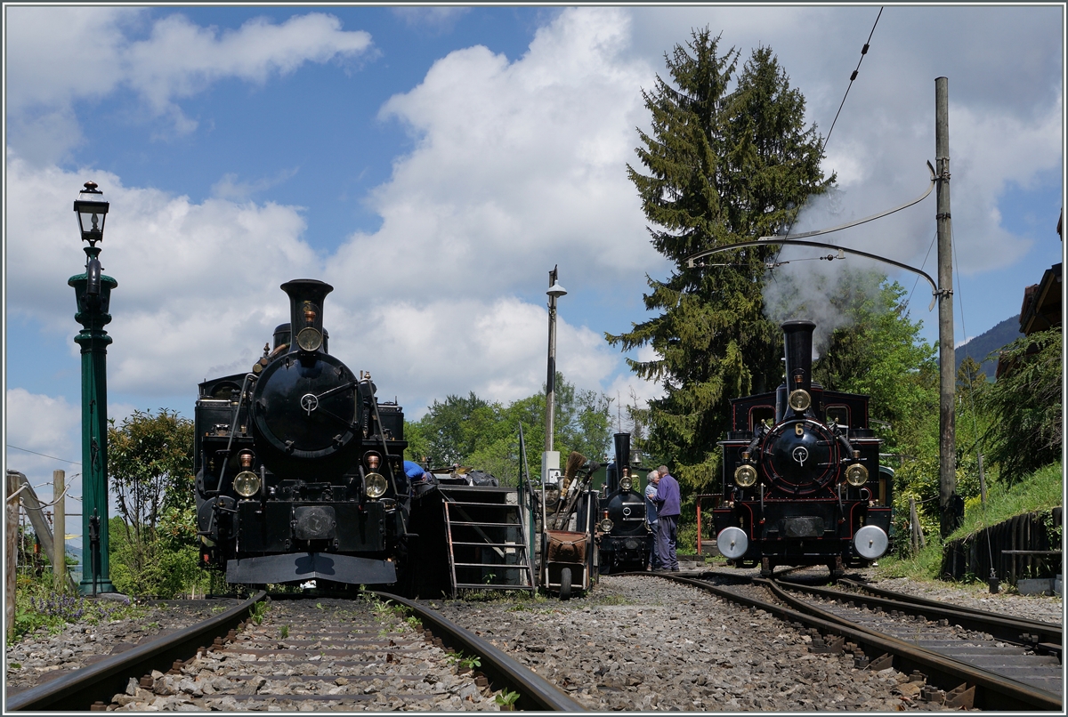 Die Blonay-Chamby BFD HG 3/4 N° 3 und BAM  G 3/3 N° 6 (ex JS 909) zeigen sich in Chaulin bei der Bekohlung bzw. auf einer Rangierfahrt.

15. Mai 2016