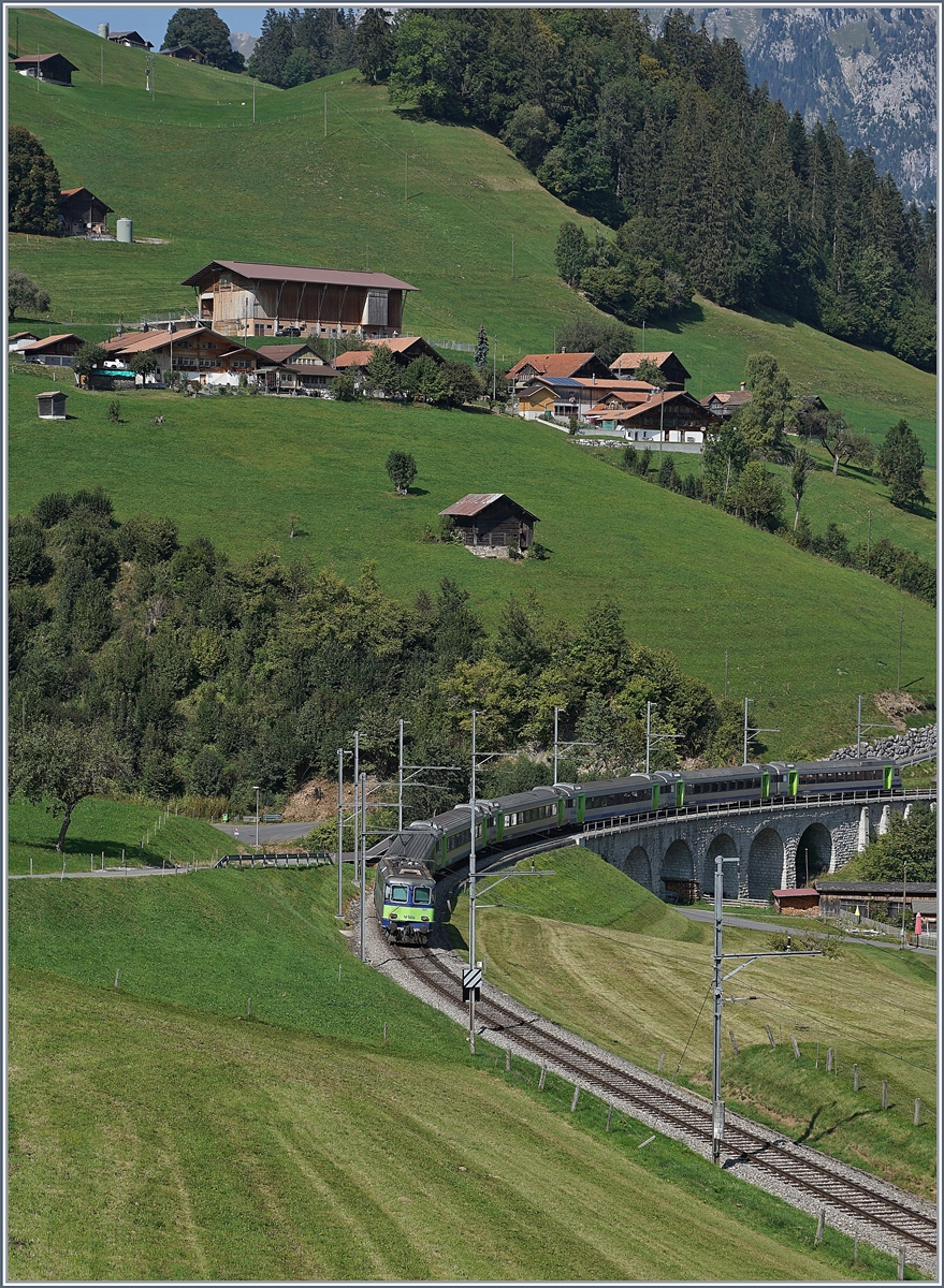 Die BLS Re  4/4 II 501 ist mit ihrem RE bei Garstaat unterwegs. 

18. Sept. 2020