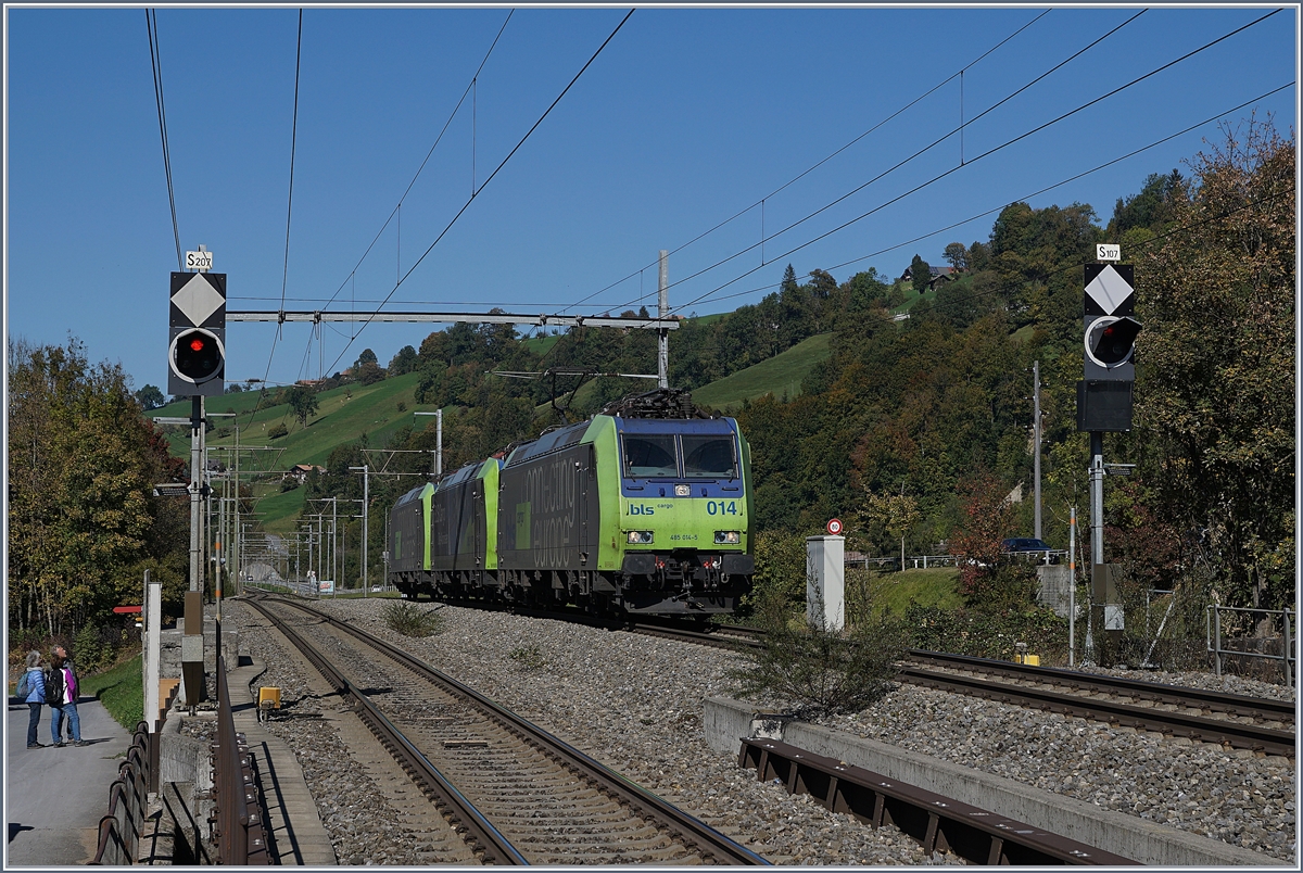 Die BLS Re 485 014-5 schleppt bei Mülenen zwei weitere Richtung Süden.
10. Okt. 2018
