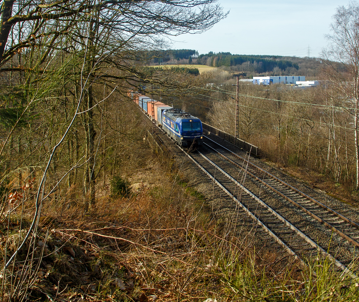 Die Fotostelle hatte ich mir persönlich besser vorgestellt. Der Hang war, bedingt durch Borkenkäferbefall, auch abgeholzt und es sah von unten für mich gut aus. So ging es den steilen Hang (min. 80% Steigung)  hinauf....
Die für die RTB CARGO fahrende 193 793-7 (91 80 6193 793-7 D-ELOC) der  ELL Germany GmbH (European Locomotive Leasing) fährt am 23.02.2021 mit einem Containerzug über den Rudersdorfer Viadukt in Richtung Süden.

Die Siemens Vectron MS - 6.4 MW wurde 2018 von Siemens in München unter der Fabriknummer 22525 gebaut. Sie hat die Zulassungen für D/A/H/PL/CZ/SK/RO/NL.