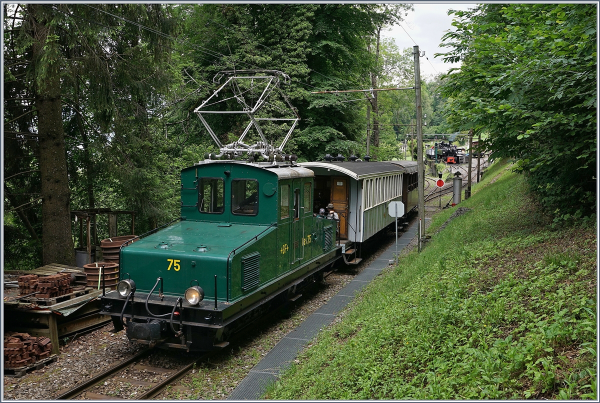 Die +GF+ Ge 4/4 75 der Blonay-Chamby Bahn schiebt ihren Zug von Chamby nach Chaulin und hat ihr Ziel schon fast erreicht. Im Hintergrund wird die G 2x 2/2 105 für die Nachmittagsfahrten  vorbereitet.

13. Juni 2020