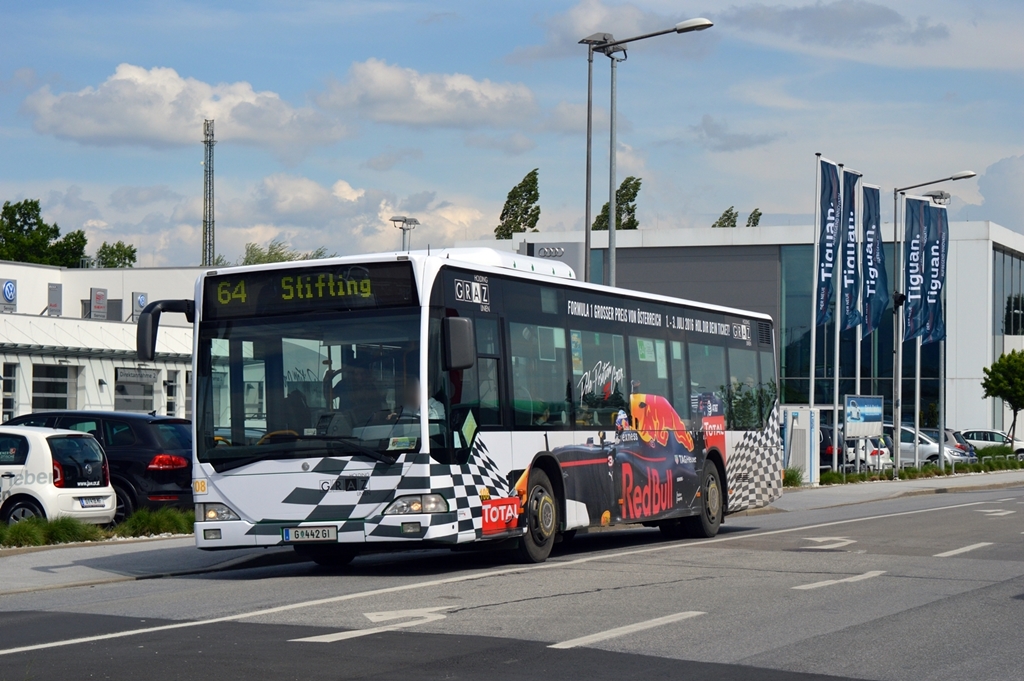 Die Holding Graz Linien werben wieder für den F1 Grand Prix am Red Bull Ring (1. - 3. Juli) und Red Bull Racing.

Holding Graz Citaro WN 108 mit Pole Position Graz Vollwerbung als Linie 64 bei der Haltestelle Murpark, 14.05.2016